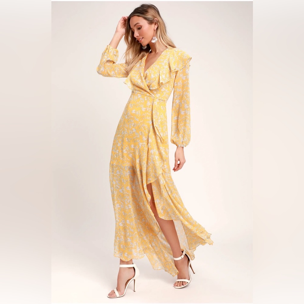 Maybel Yellow Floral Print Ruffled Long Sleeve Maxi Dress